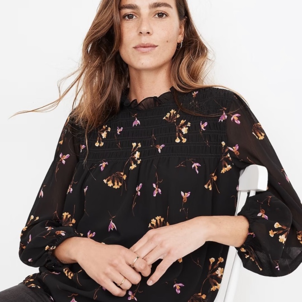 Madewell falling Freesias smocked georgette ruffled Top XXS